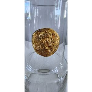 Vintage 60s/70s Wine Decanter with Replica Roman Empire Bronze Coin 1 Liter EUC